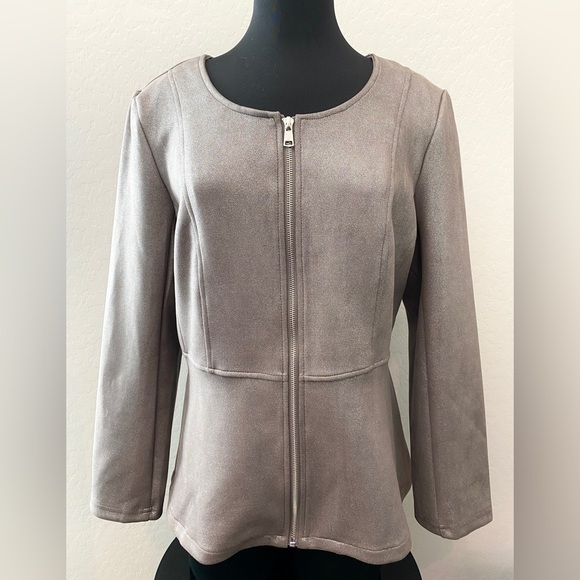 🆕 SOLITAIRE | Metallic Taupe Faux Suede Contemporary Modern Jacket | Large - Picture 2 of 8